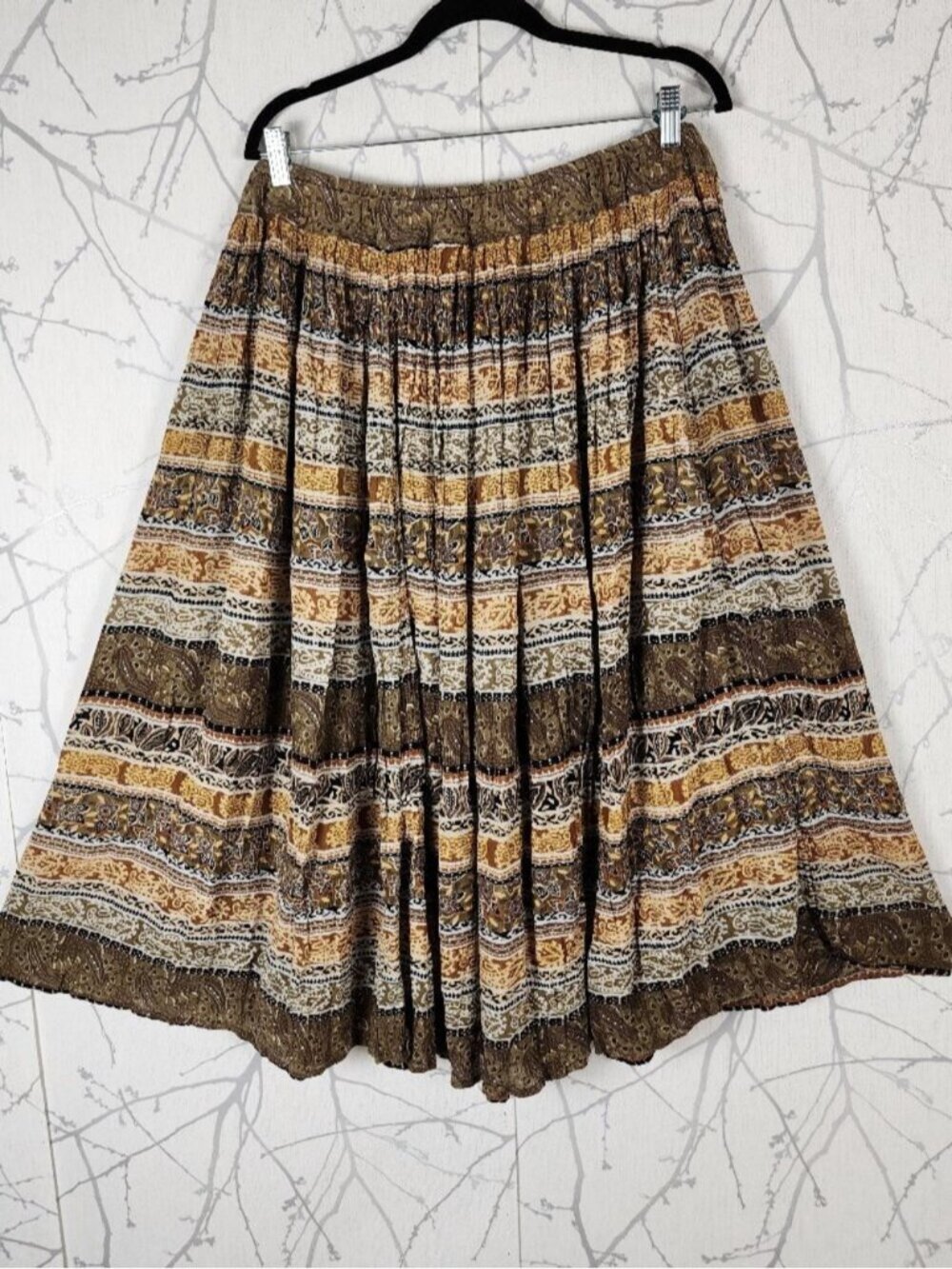 Ethnic Paisley Stripe Crinkle Elastic Waist Flowy Midi Skirt
